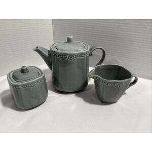 Certified International Ceramic Teapot, Creamer and Sugar Bowl Aqua-Gray